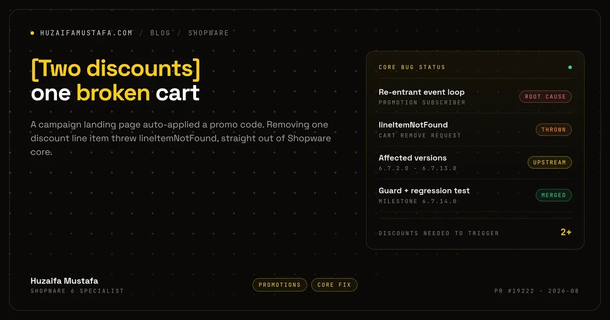 Code diff of the lineItemNotFound guard in Shopware's promotion discount removal loop