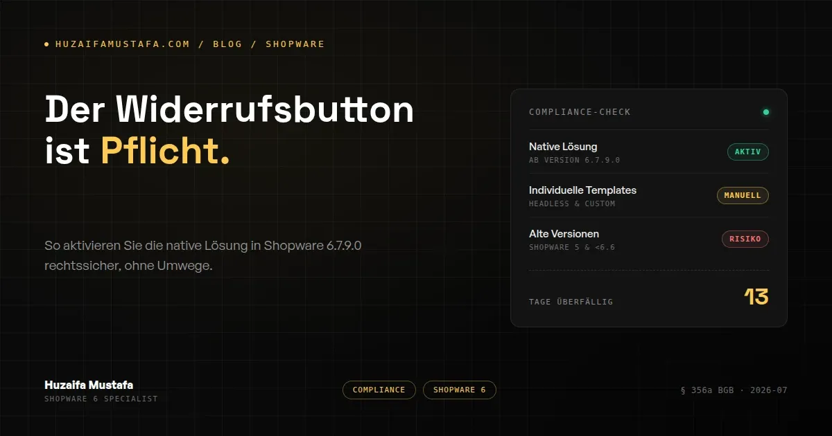 Withdrawal button in a Shopware 6 storefront footer with a form page and automatic confirmation email